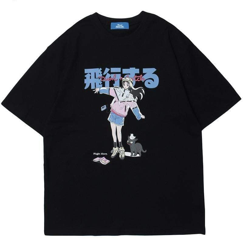 Hallyu Street Hip Hop Cartoon Girl Cat Japanese Kanji Print T Shirt Streetwear Harajuku T-Shirt 2021 Men Summer Short Sleeve Tshirt Tops Tees